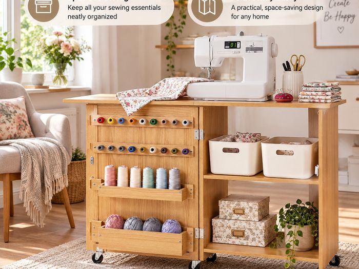 Folding Sewing Machine Table with Storage, 20 Thread Pegs & Wheels