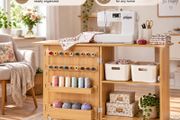 Folding Sewing Machine Table with Storage, 20 Thread Pegs &amp; Wheels