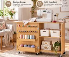 Folding Sewing Machine Table with Storage, 20 Thread Pegs & Wheels