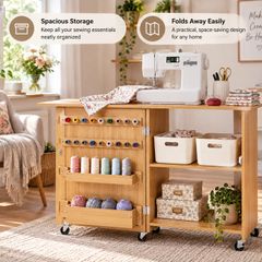 Folding Sewing Machine Table with Storage, 20 Thread Pegs & Wheels