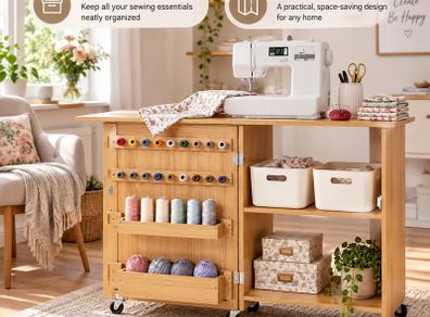 Folding Sewing Machine Table with Storage, 20 Thread Pegs & Wheels