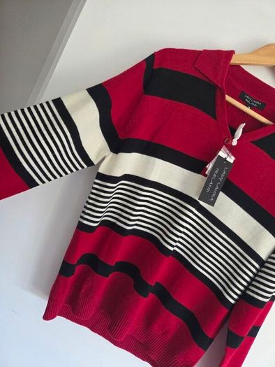UK16, With Tags Lady Laura Ireland Wool Striped Polo Knit Collared Jumper
