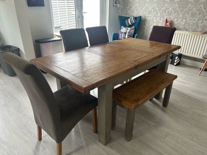 Extendable Dining Table, Bench and Chairs