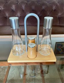 Vintage Bodum Oil Vinegar Salt Pepper Cruet Set by Georg Fontana Danish Beechwood with Aluminum 1990s