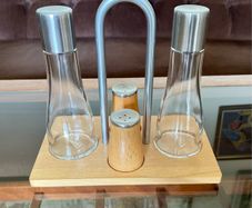 Vintage Bodum Oil Vinegar Salt Pepper Cruet Set by Georg Fontana Danish Beechwood with Aluminum 1990s
