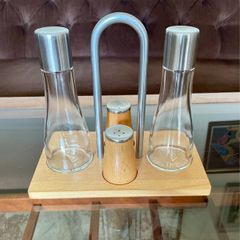 Vintage Bodum Oil Vinegar Salt Pepper Cruet Set by Georg Fontana Danish Beechwood with Aluminum 1990s