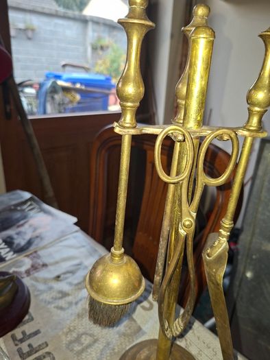 A Vintage Brass Fireplace Companion set, a Brush, Tongs, Shovel and Poker suspended on a stand, Postage available or Collection