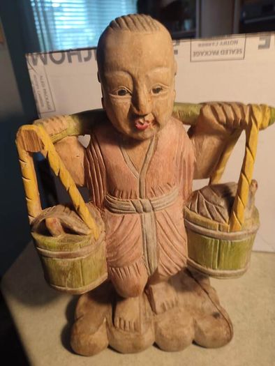 Chinese Polychrome Wood Carving of Boy Carrying Turtles