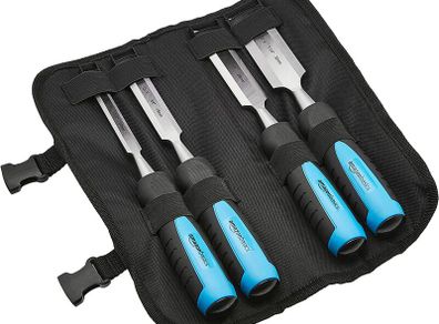 4 Piece Sturdy Chrome Vanadium Steel Woodworking Wood Chisel Set (13mm - 32mm), Plastic Handles with Carry Pouch