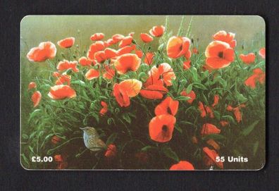 1997 Isle of Man UK5/ 55 units Poppies In Scarlet 0 Dunnock (Siemens - S30 (Module 34)) Phone Card.