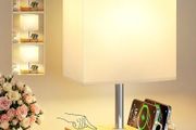 Bedside Lamps, Wooden Table Lamp for Living Room with USB A+C Charging Ports, Dimmable Touch Lamps Bedside with 2 Phone Slots, Wood Charger Organizer for Bedroom, Study, Office(Bulb Included)