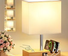 Bedside Lamps, Wooden Table Lamp for Living Room with USB A+C Charging Ports, Dimmable Touch Lamps Bedside with 2 Phone Slots, Wood Charger Organizer for Bedroom, Study, Office(Bulb Included)