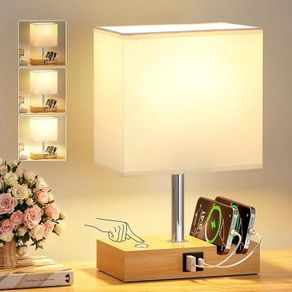 Bedside Lamps, Wooden Table Lamp for Living Room with USB A+C Charging Ports, Dimmable Touch Lamps Bedside with 2 Phone Slots, Wood Charger Organizer for Bedroom, Study, Office(Bulb Included)
