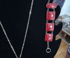925 Silver Hallmarked Red Coral Pendant and Bracelet Set