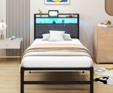 3ft Single Size Bed Frame with LED Lights Storage Upholstered Headboard and Charging Station