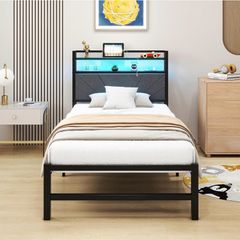 3ft Single Size Bed Frame with LED Lights Storage Upholstered Headboard and Charging Station