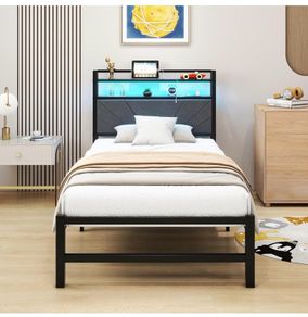 3ft Single Size Bed Frame with LED Lights Storage Upholstered Headboard and Charging Station
