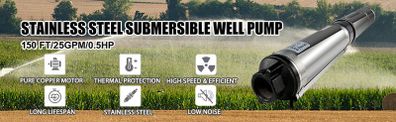 BRAND NEW 4 Inch 0.5HP 25GPM Submersible Deep Well Pump Stainless Steel Water Pump 96L/min 50M Head Garden Agricultural Irrigation