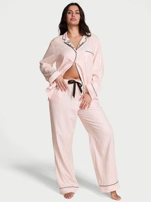 Pretty Blossom Pink Stripe Collar Embroidery Flannel Long Pyjamas Set