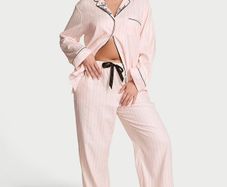 Pretty Blossom Pink Stripe Collar Embroidery Flannel Long Pyjamas Set