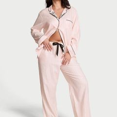 Pretty Blossom Pink Stripe Collar Embroidery Flannel Long Pyjamas Set