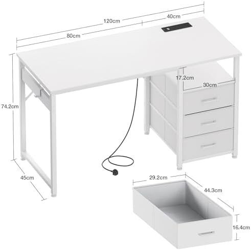 120cm Computer Desk with Drawers, Office Desk with 2 Sockets & USB Ports