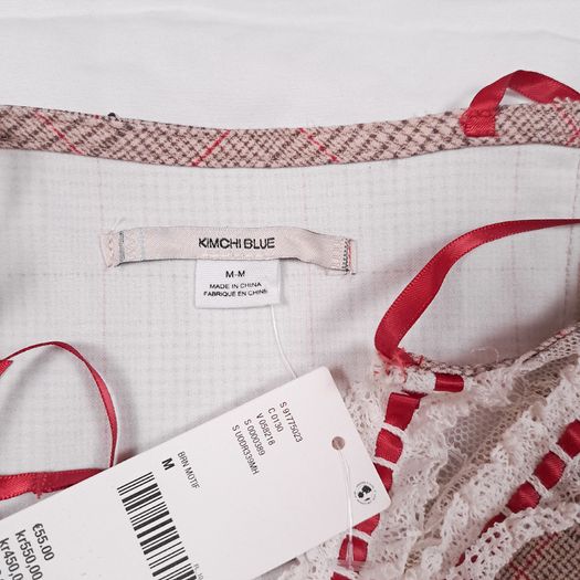 Kimchi Urban Outfitters Beige Red Plaid Lace Trim Bow Lexi Check Mini Dress Size M
