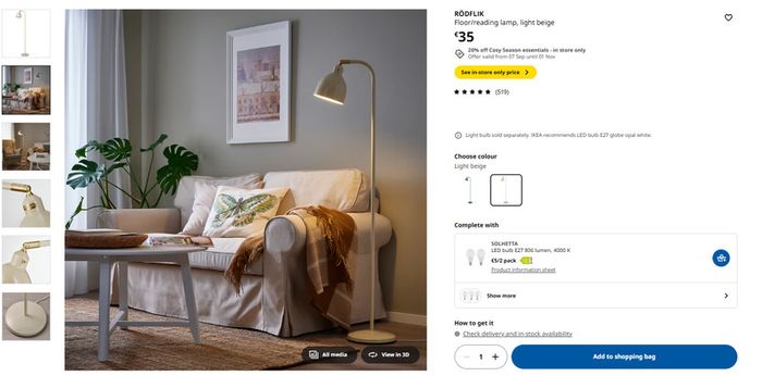 IKEA Rodflik floor reading lamp - light beige