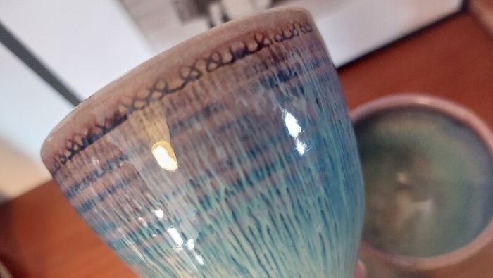 Wonderful Pair of Studio Art Pottery Goblets by Martin Branch Lyre Pottery, Cloncorban, Rossmore, Clonakilty, West Cork in a Fabulous Colourful Variegated Glaze. Pair One