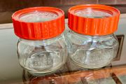 Pair Vintage 500ml 1970s Ravenhead Glass Kilner Jars With Orange Screw Lids