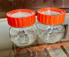 Pair Vintage 500ml 1970s Ravenhead Glass Kilner Jars With Orange Screw Lids