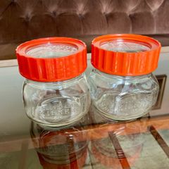 Pair Vintage 500ml 1970s Ravenhead Glass Kilner Jars With Orange Screw Lids