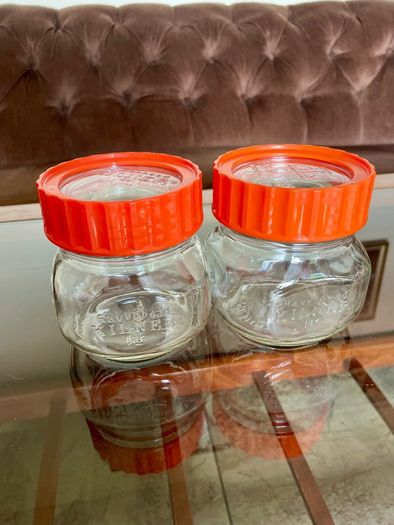 Pair Vintage 500ml 1970s Ravenhead Glass Kilner Jars With Orange Screw Lids