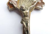Vintage Brown Enamel Cross . Italian St Benedict Cross Charm. -2,5"