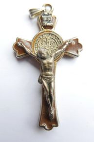 Vintage Brown Enamel Cross . Italian St Benedict Cross Charm. -2,5"