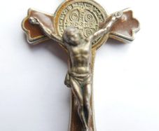 Vintage Brown Enamel Cross . Italian St Benedict Cross Charm. -2,5"