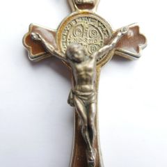 Vintage Brown Enamel Cross . Italian St Benedict Cross Charm. -2,5"