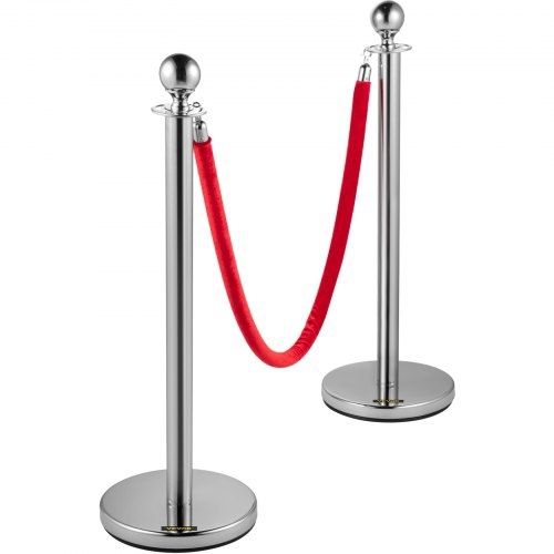 Retractable Silver Round Top Queue Control Barrier Posts Stands Security Stanchion Rope Divider with 1.5M Red Rope Crowd Control Barrier Silver Round top Column