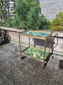 Vintage Drinks Tea Trolley - Gold Metal Wood Effect Cocktail Cart