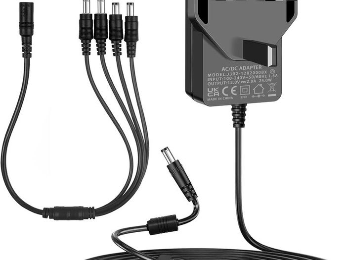 Security Camera Power Supply, 12V 2A Power Supply for 12Vdc CCTV Camera Home Security Camera DVR/NVR/HVR (Analog AHD IP) Surveillance System Monitoring Camera with 4 Split Power Cable