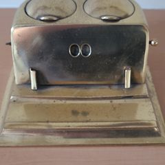 Antique brass inkwell and desk calendar set