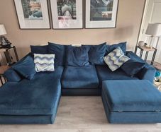Velvet Pillow Back Large Sofa With Matching Footstool