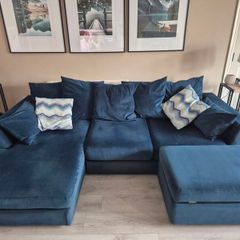 Velvet Pillow Back Large Sofa With Matching Footstool