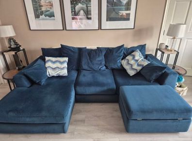 Velvet Pillow Back Large Sofa With Matching Footstool