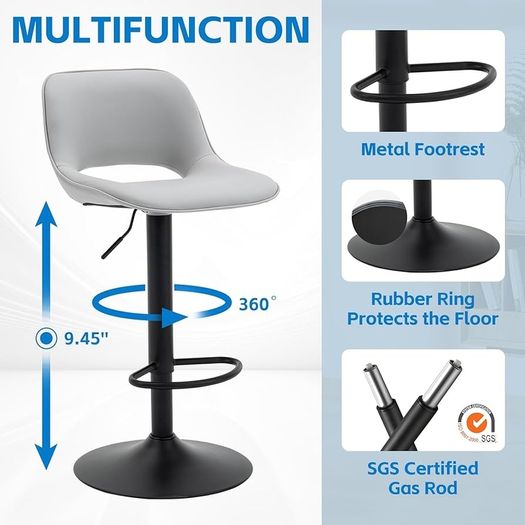 Bar Stools Set of 2 Modern Breakfast Barstools, Adjustable Swivel Counter Height Bar Chairs Faux Leather Upholstered Counter Stools with Hollow Back for Kitchen Island, Grey