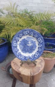 Lovely Vintage Blue and White 7.75 Inch Luncheon Plate By Enoch Wedgwood (Tunstall) Ltd, in the Lovely Cottagecore Style Woodland Pattern, Some Crazing