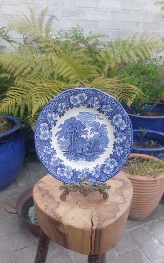 Lovely Vintage Blue and White 7.75 Inch Luncheon Plate By Enoch Wedgwood (Tunstall) Ltd, in the Lovely Cottagecore Style Woodland Pattern, Some Crazing