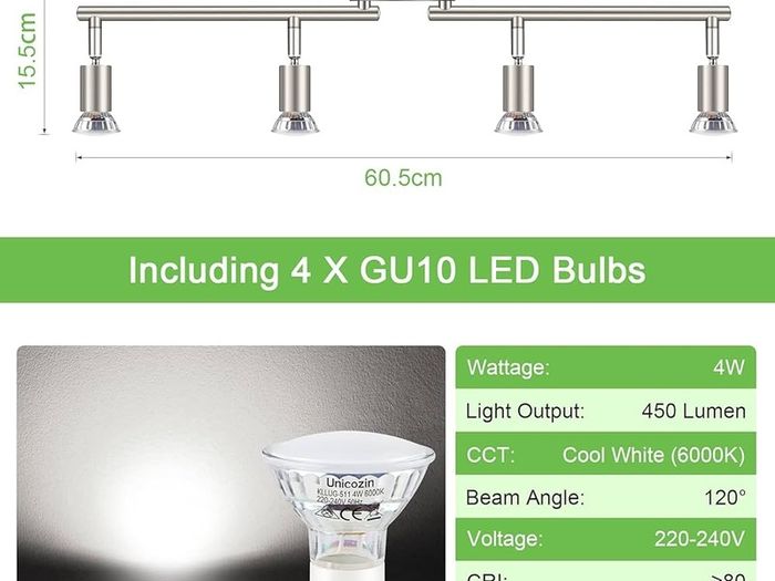 NEW SALE | LED Ceiling Light Rotatable, 4 Way LED Ceiling Spotlight, Matt Nickel & Swivelling Design, Including 4 X 4W GU10 LED Bulbs (450LM, Cool White 6000K),for Kitchen, Living Room, Bedroom