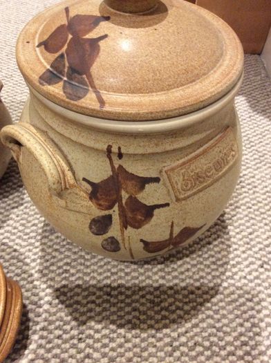 OFFERS WELCOME PLEASE -Ballydougan Stoneware Pottery - 4 Pieces . Biscuit ( Old Irish writing) Sugar and Tea lidded Jars and a shallow bowl shaped dish for biscuits