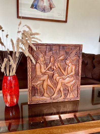 Vintage Hand Carved Deep Relief Large Wooden Wall Art Panel Tribal Village Scene Story Board